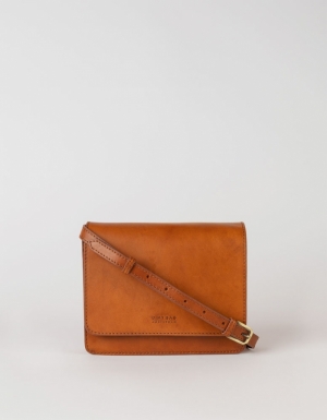 AUDREY MINI - COGNAC CLASSIC LEATHER - CHECKERED STRAP BRUIN