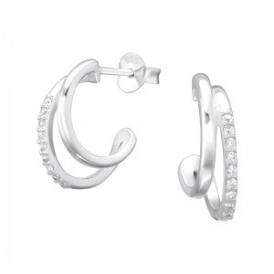 DUBBELE OPEN HOOP MET STEENTJES ZILVER - 925 SILVER EAR STUDS 