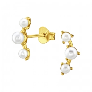 GEBOGEN OORSTEKERTJE MET 3 PARELS - 925 SILVER EAR STUDS - GOUD VERGULD + E-COAT GOLD