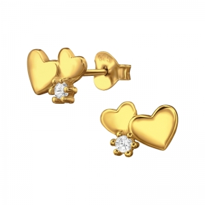 DUBBEL HARTJE MET STEENTJE - 925 SILVER EAR STUDS - GOUD VERGULD GOLD