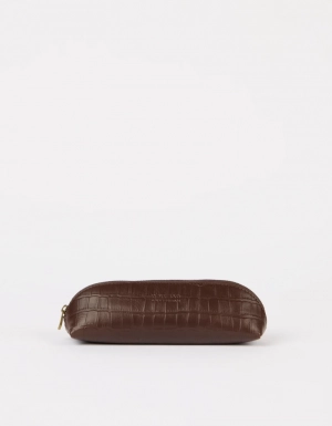 PENCIL CASE SMALL CHOCOLATE CROCO PRINT LEATHER CHOCOLATE