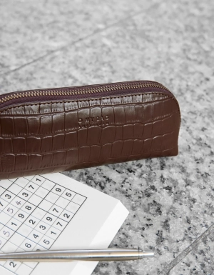 PENCIL CASE LARGE CHOCOLATE CROCO PRINT LEATHER CHOCOLATE