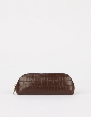 PENCIL CASE LARGE CHOCOLATE CROCO PRINT LEATHER CHOCOLATE