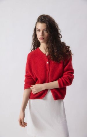 GILET COURT ML COL ROND BOUTONNEE CARMIN/CHINE