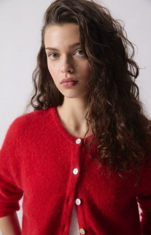 GILET COURT ML COL ROND BOUTONNEE CARMIN/CHINE