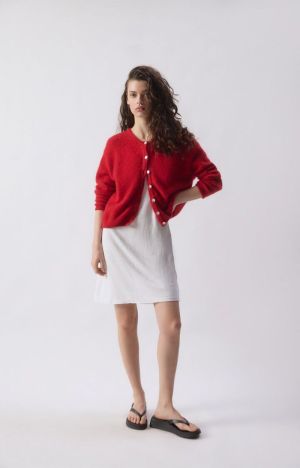 GILET COURT ML COL ROND BOUTONNEE CARMIN/CHINE
