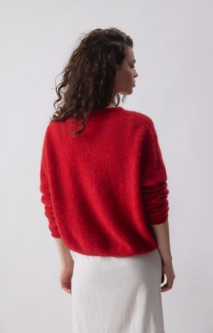 GILET COURT ML COL ROND BOUTONNEE CARMIN/CHINE