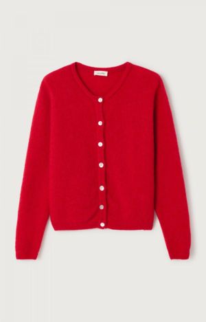 GILET COURT ML COL ROND BOUTONNEE CARMIN/CHINE