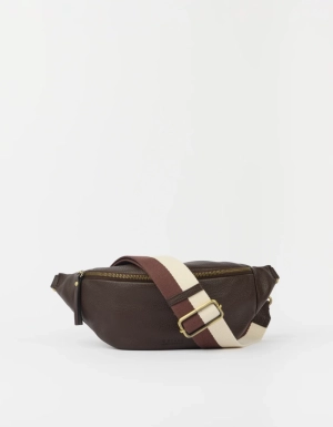 NIKO BUM BAG W - WEBBING STRAP STIPED -  CHOCOLATE SOFT GRAIN LEATHER CHOCOLATE