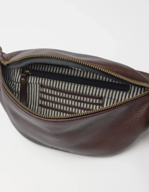 NIKO BUM BAG W - WEBBING STRAP STIPED -  CHOCOLATE SOFT GRAIN LEATHER CHOCOLATE